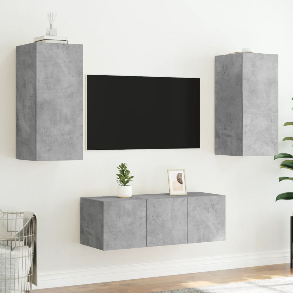 4-delige Tv-wandmeubelset met LED bewerkt hout betongrijs