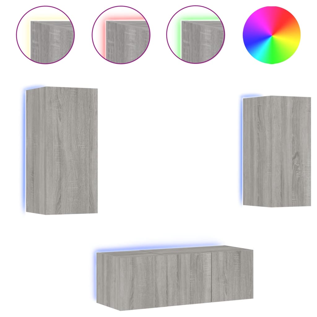 4-delige Tv-wandmeubelset met LED bewerkt hout grijs sonoma