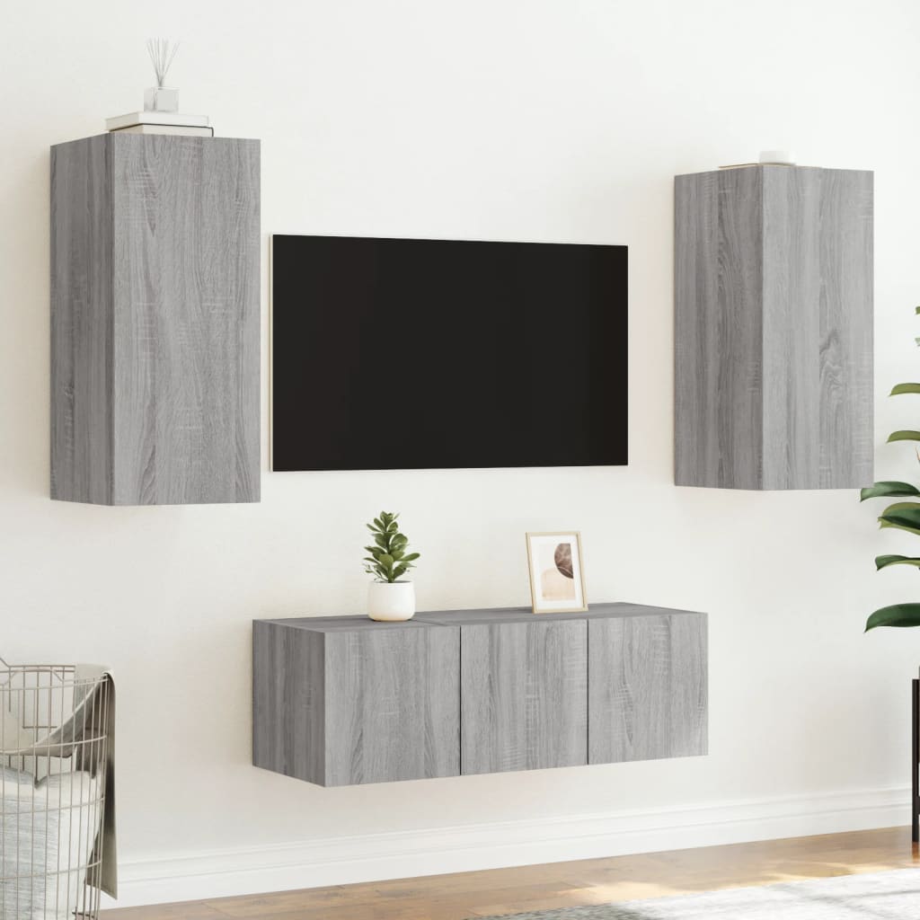 4-delige Tv-wandmeubelset met LED bewerkt hout grijs sonoma