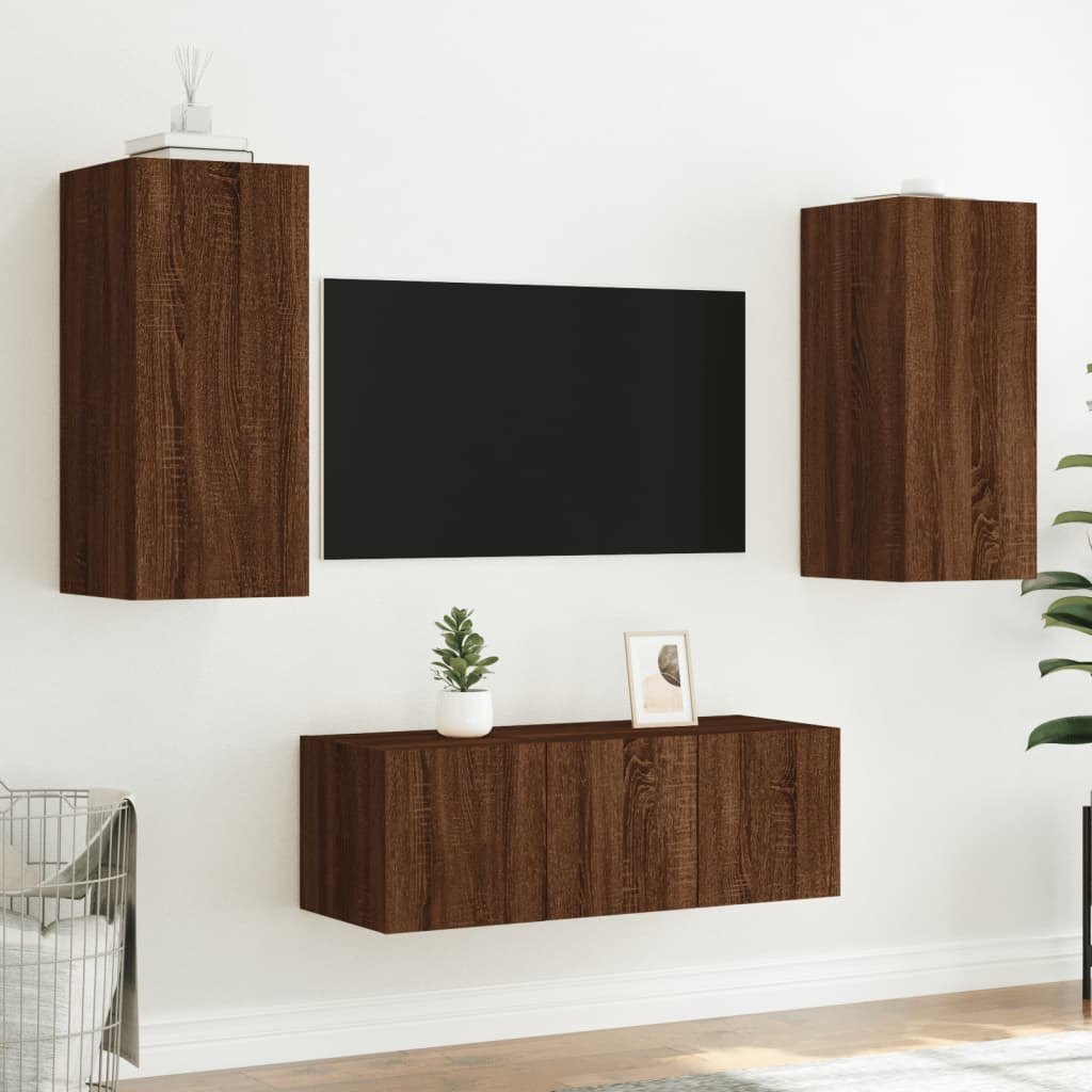 4-delige Tv-wandmeubelset met LED bewerkt hout bruineikenkleur