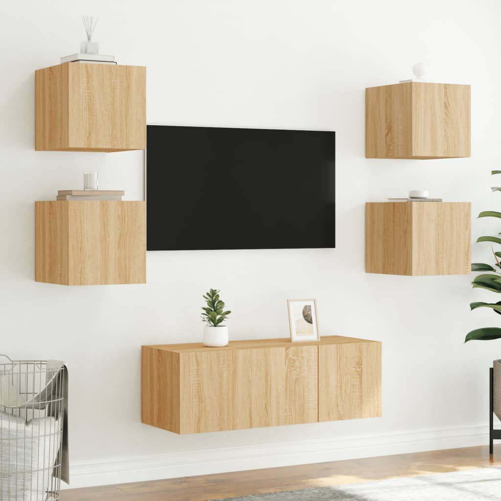 6-delige Tv-wandmeubelset met LED bewerkt hout sonoma eiken