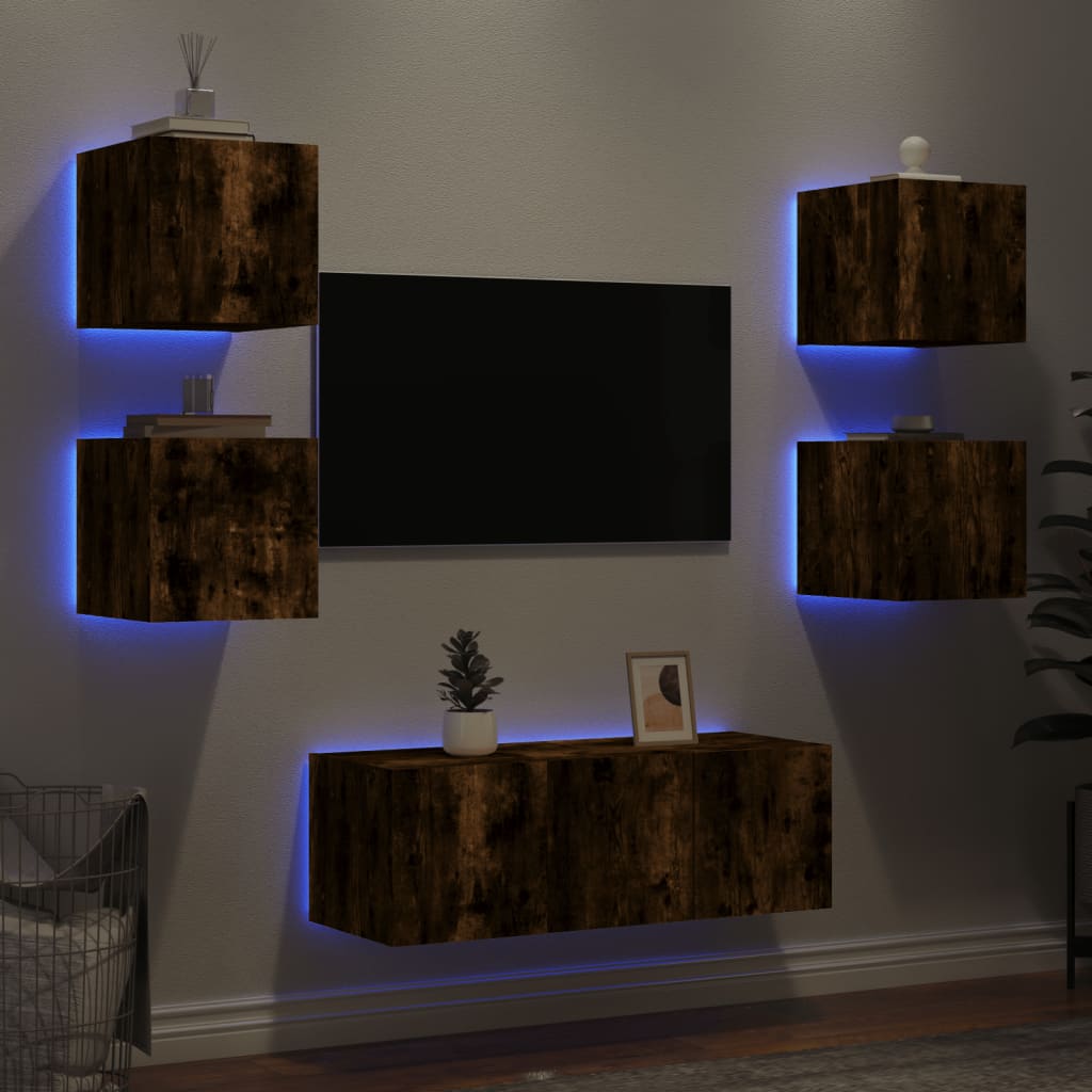 6-delige tv-wandmeubelset met LED bewerkt hout gerookt eiken