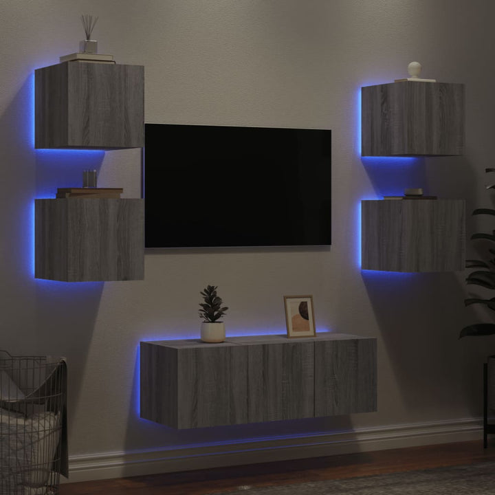 6-delige Tv-wandmeubelset met LED grijs sonoma eikenkleurig