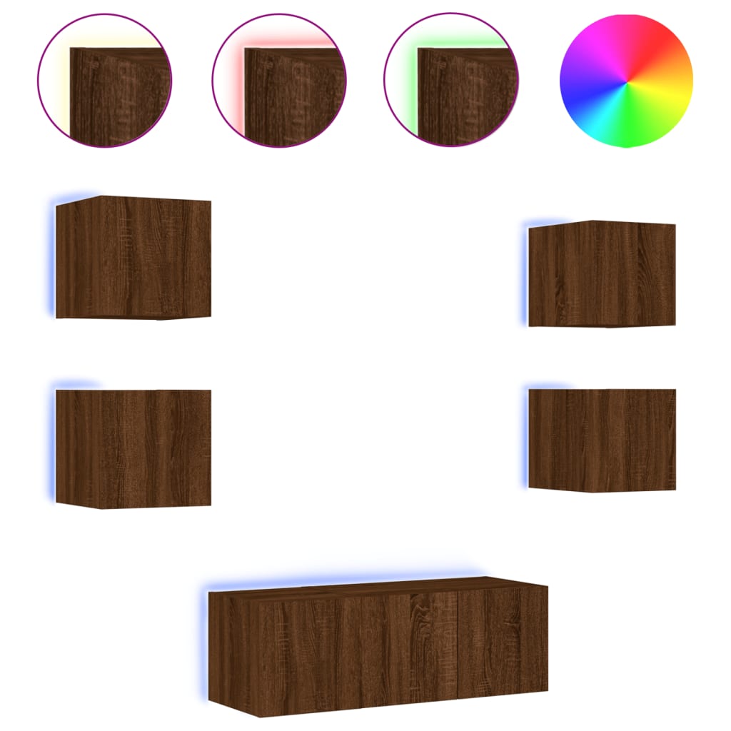 6-delige Tv-wandmeubelset met LED bewerkt hout bruineikenkleur