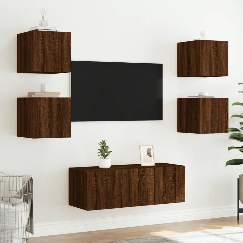 6-delige Tv-wandmeubelset met LED bewerkt hout bruineikenkleur