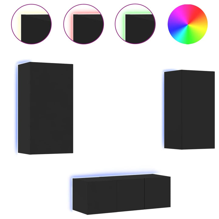 7-delige tv-wandmeubelset met LED bewerkt hout zwart