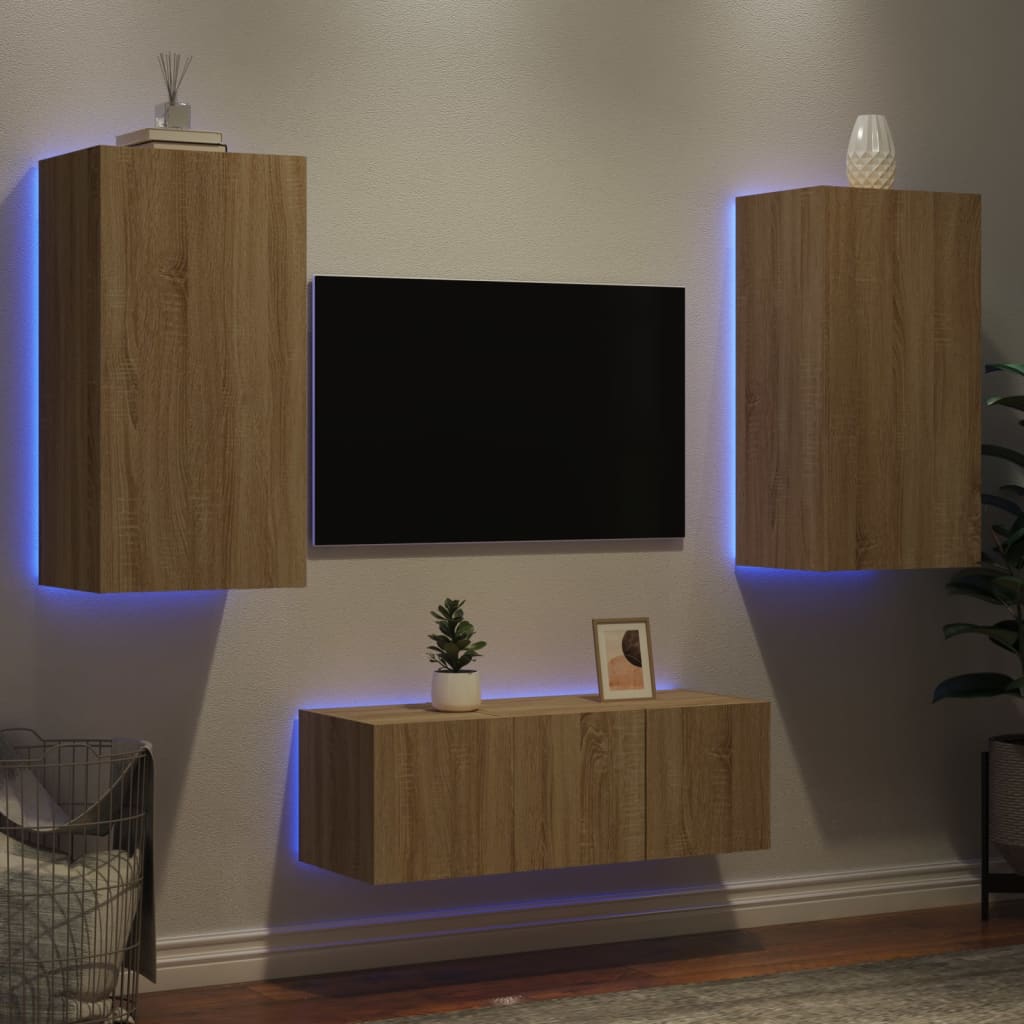 4-delige Tv-wandmeubelset met LED bewerkt hout sonoma eiken