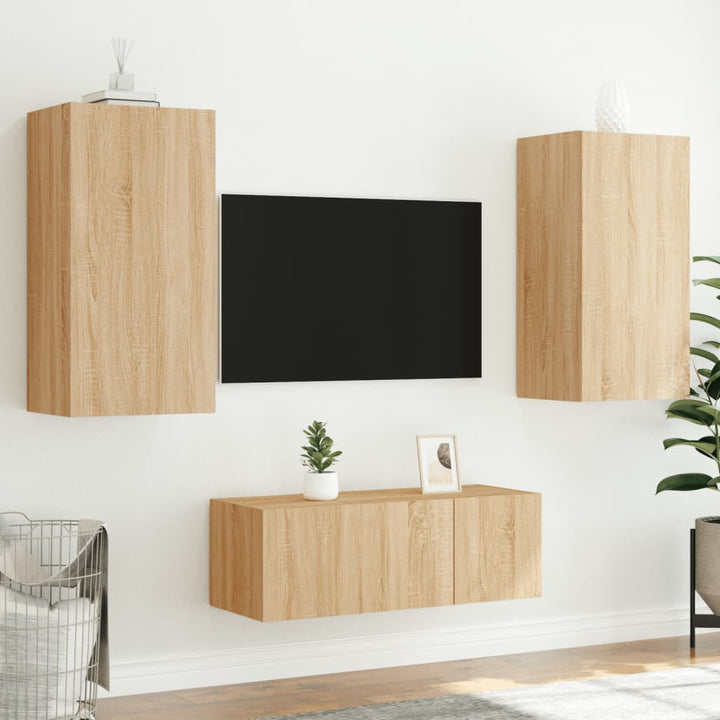 4-delige Tv-wandmeubelset met LED bewerkt hout sonoma eiken