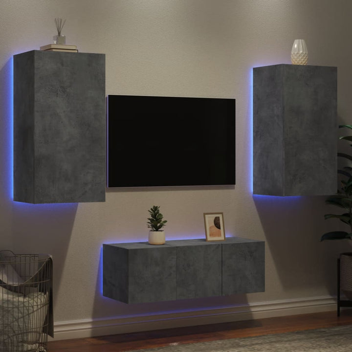 4-delige Tv-wandmeubelset met LED bewerkt hout betongrijs