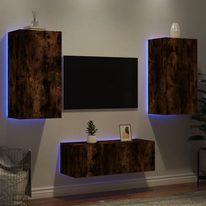 8-delige tv-wandmeubelset met LED bewerkt hout gerookt eiken