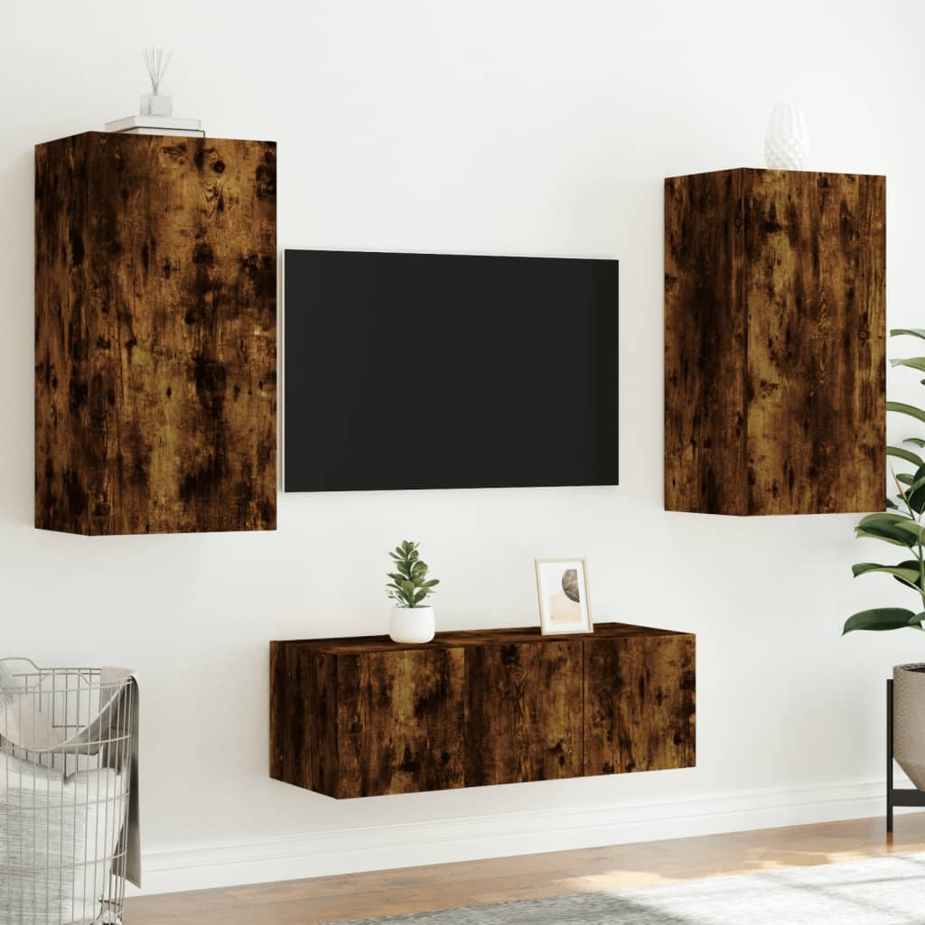 8-delige tv-wandmeubelset met LED bewerkt hout gerookt eiken
