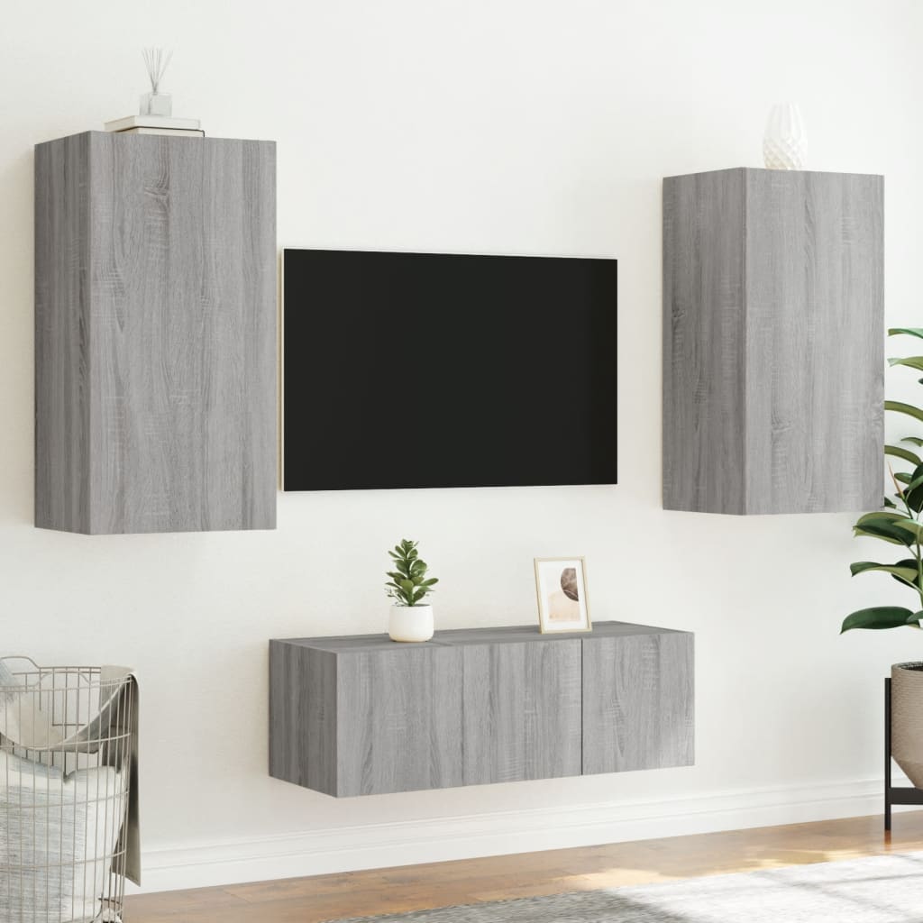 4-delige Tv-wandmeubelset met LED bewerkt hout grijs sonoma