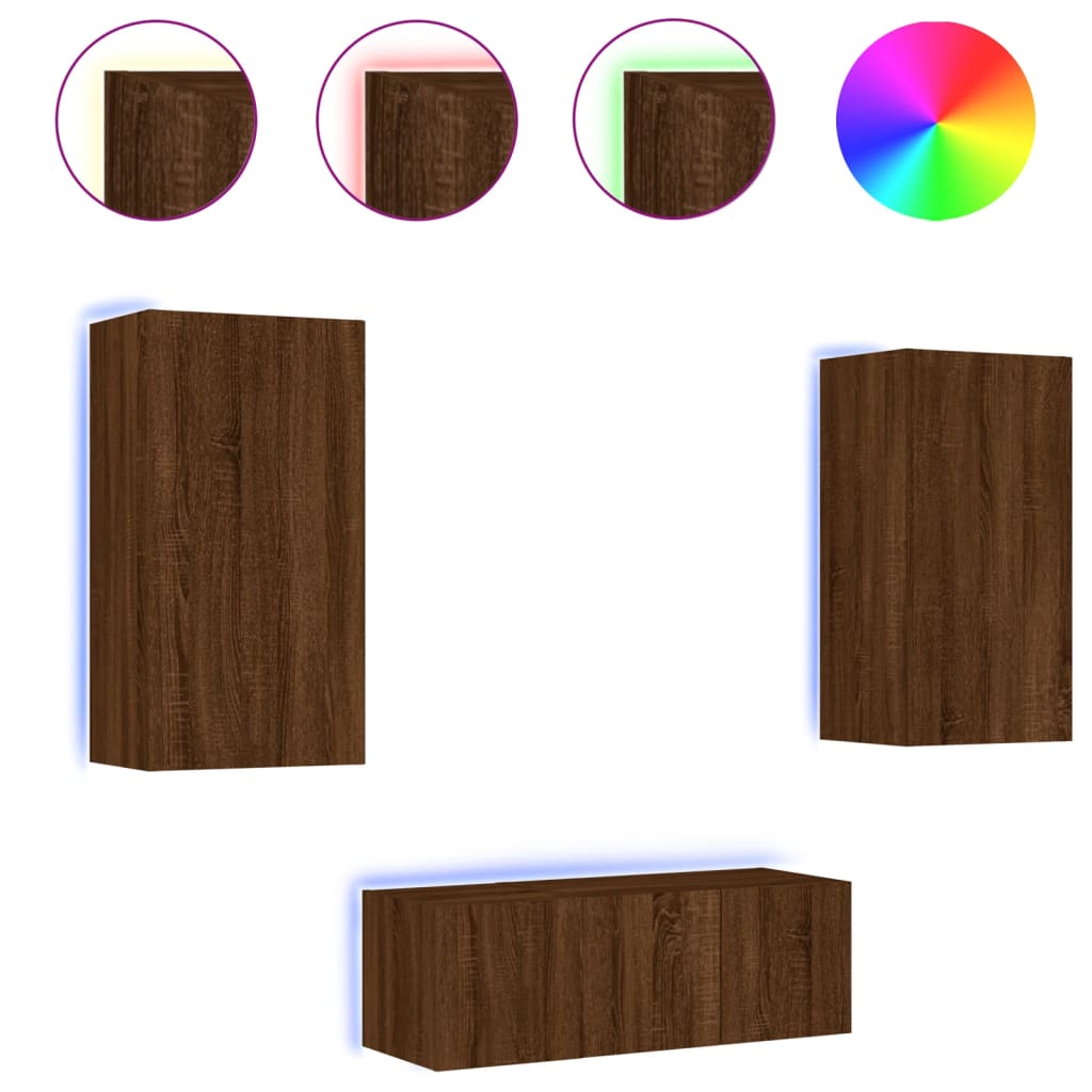 4-delige Tv-wandmeubelset met LED bewerkt hout bruineikenkleur