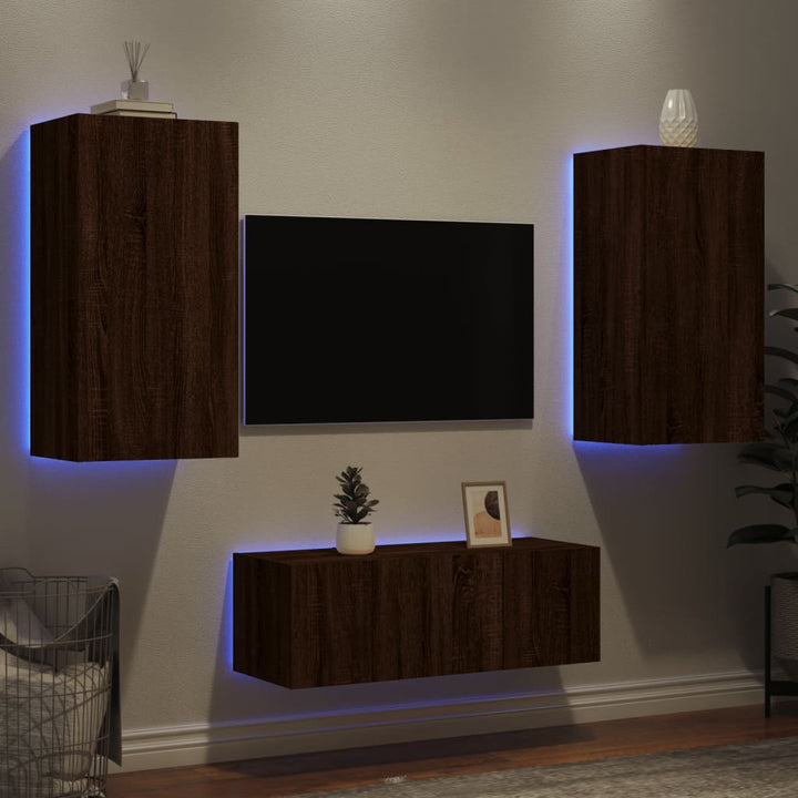 4-delige Tv-wandmeubelset met LED bewerkt hout bruineikenkleur