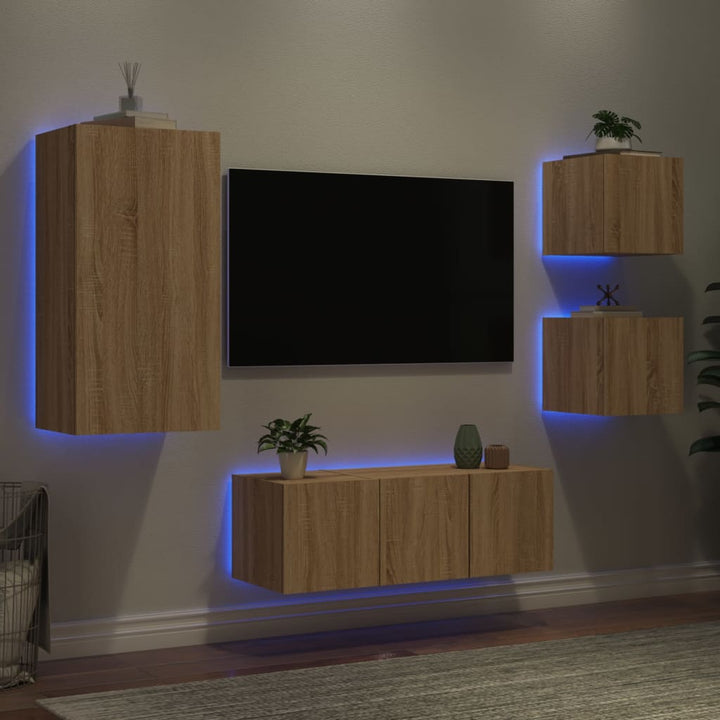 5-delige Tv-wandmeubelset met LED bewerkt hout sonoma eiken