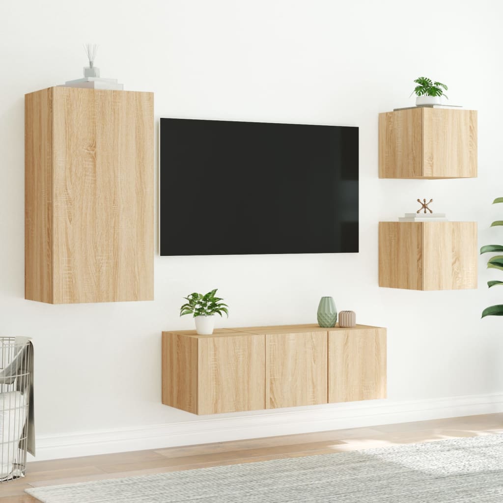 5-delige Tv-wandmeubelset met LED bewerkt hout sonoma eiken