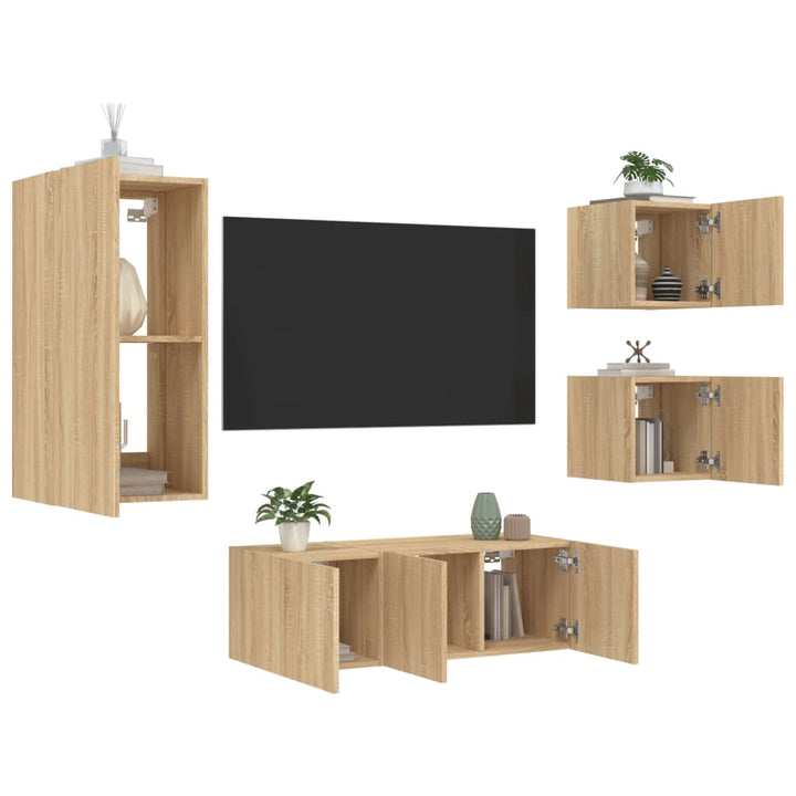 5-delige Tv-wandmeubelset met LED bewerkt hout sonoma eiken