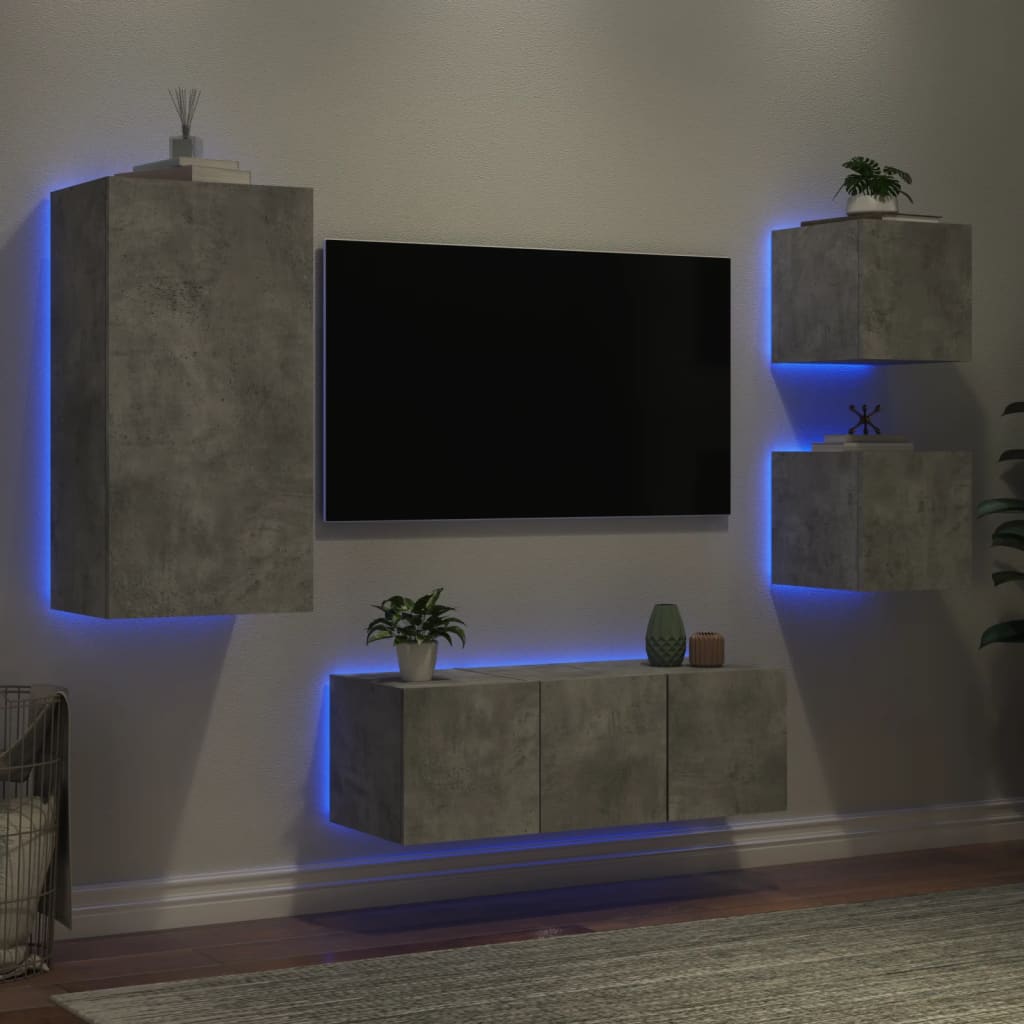 5-delige Tv-wandmeubelset met LED bewerkt hout betongrijs