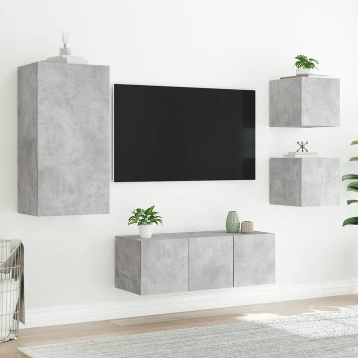 5-delige Tv-wandmeubelset met LED bewerkt hout betongrijs