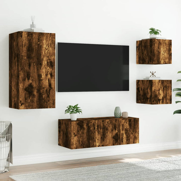 5-delige tv-wandmeubelset met LED bewerkt hout gerookt eiken