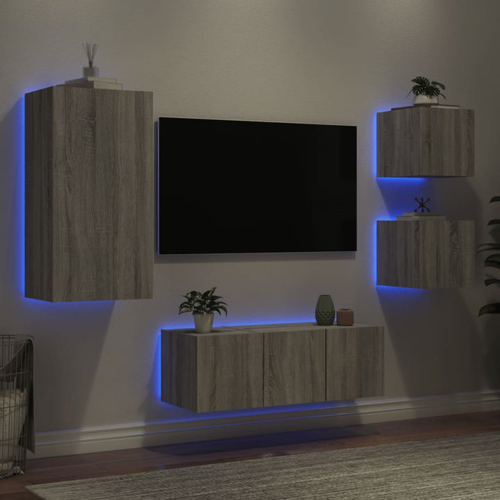 5-delige Tv-wandmeubelset met LED grijs sonoma eikenkleurig