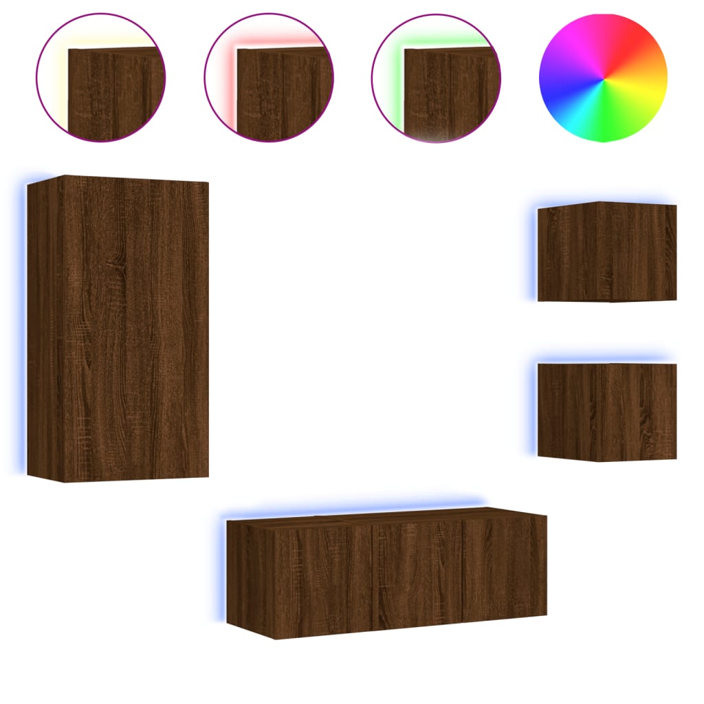 5-delige Tv-wandmeubelset met LED bewerkt hout bruineikenkleur