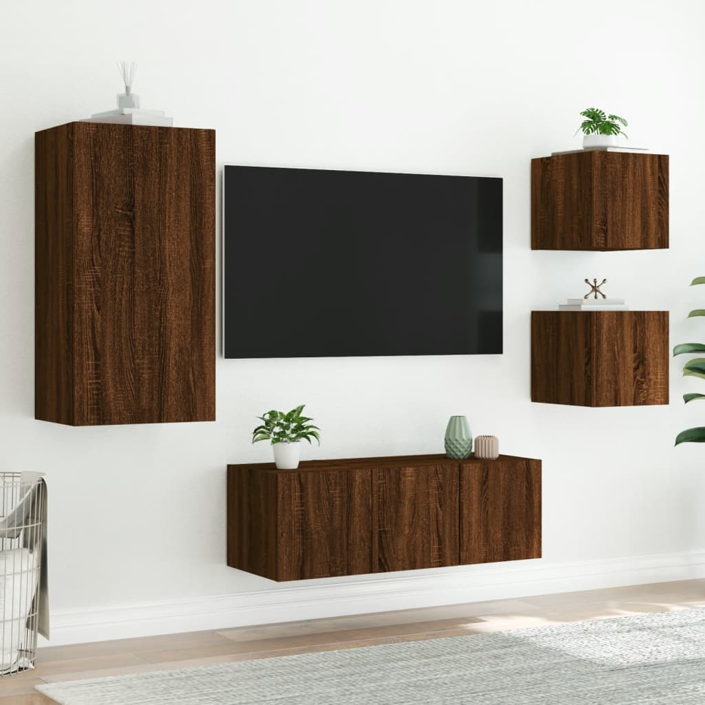5-delige Tv-wandmeubelset met LED bewerkt hout bruineikenkleur