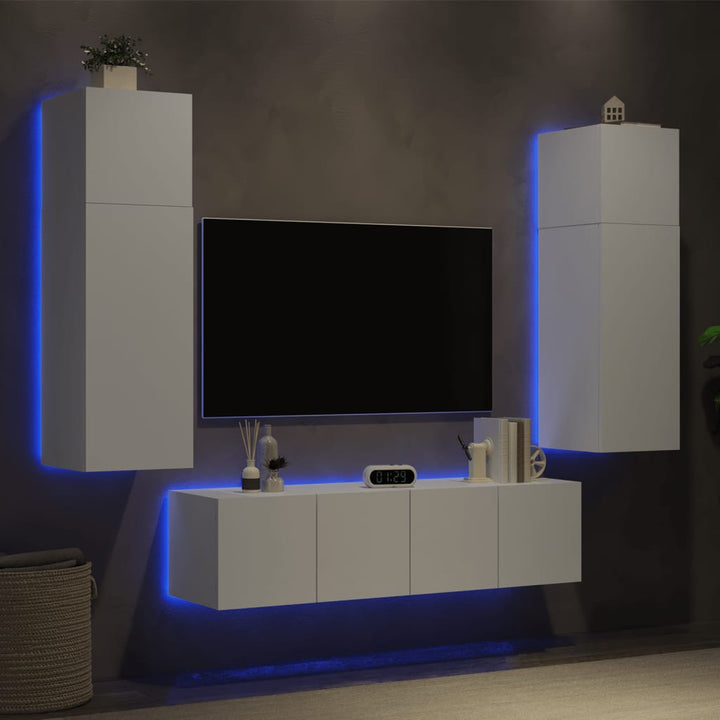 6-delige Tv-wandmeubelset met LED-verlichting bewerkt hout wit