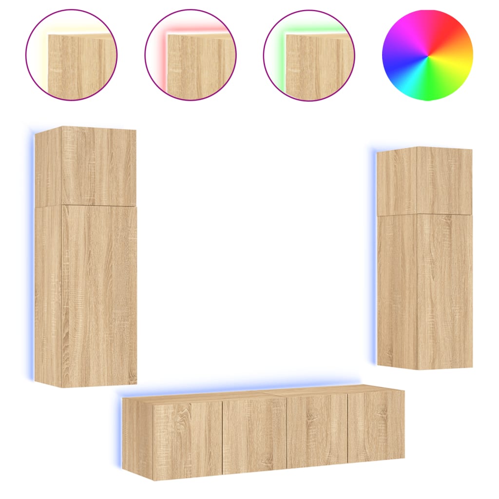 6-delige Tv-wandmeubelset met LED bewerkt hout sonoma eiken