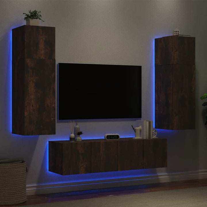 6-delige tv-wandmeubelset met LED bewerkt hout gerookt eiken