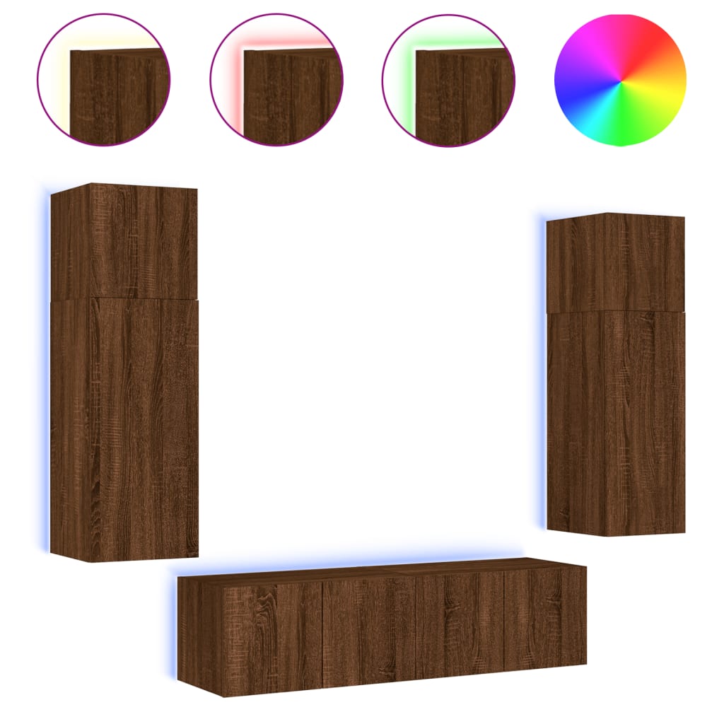 6-delige Tv-wandmeubelset met LED bewerkt hout bruineikenkleur