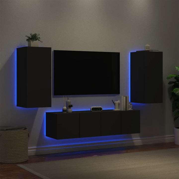7-delige tv-wandmeubelset met LED bewerkt hout zwart