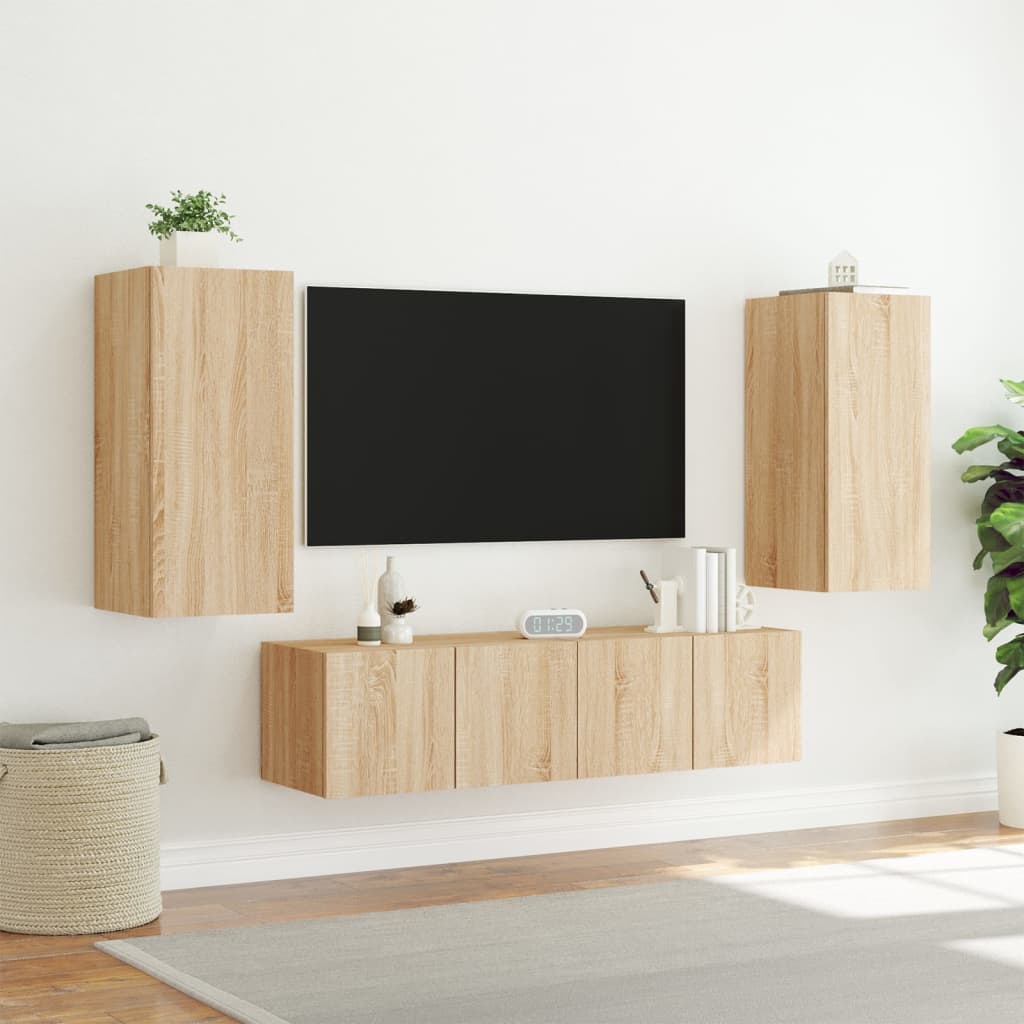 4-delige Tv-wandmeubelset met LED bewerkt hout sonoma eiken