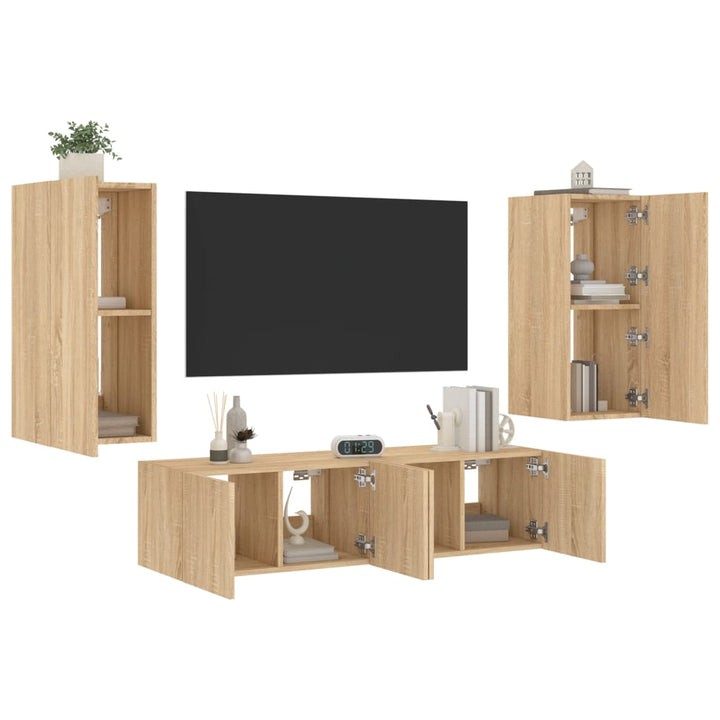 4-delige Tv-wandmeubelset met LED bewerkt hout sonoma eiken