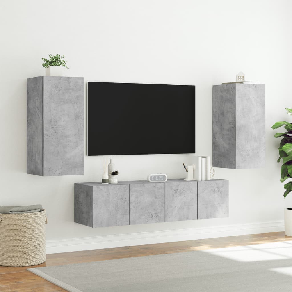 4-delige Tv-wandmeubelset met LED bewerkt hout betongrijs