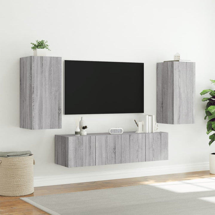 4-delige Tv-wandmeubelset met LED bewerkt hout grijs sonoma