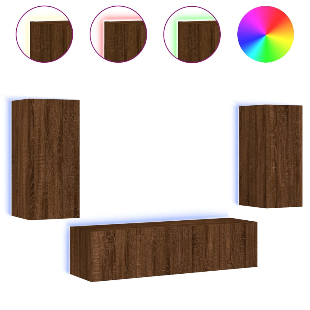 4-delige Tv-wandmeubelset met LED bewerkt hout bruineikenkleur