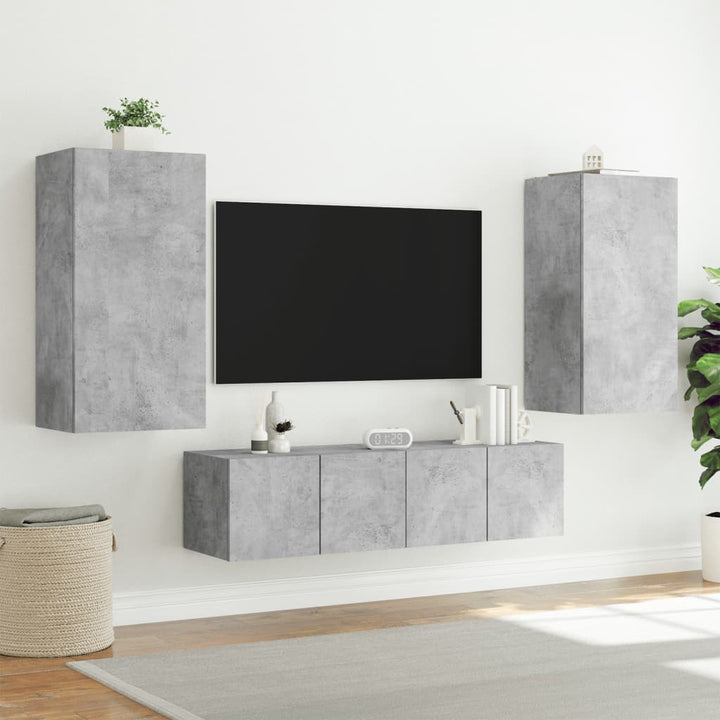 4-delige Tv-wandmeubelset met LED bewerkt hout betongrijs