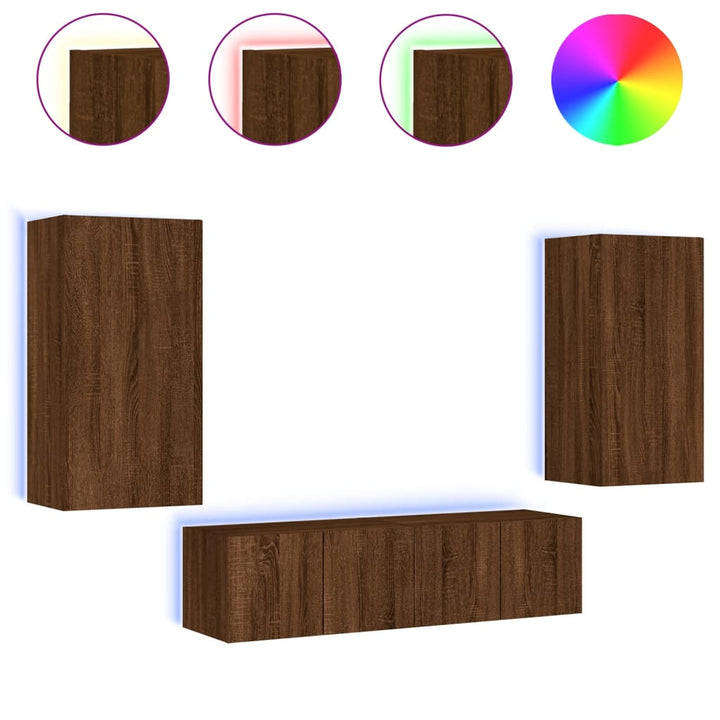 4-delige Tv-wandmeubelset met LED bewerkt hout bruineikenkleur