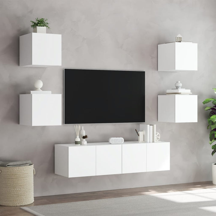 6-delige Tv-wandmeubelset met LED-verlichting bewerkt hout wit