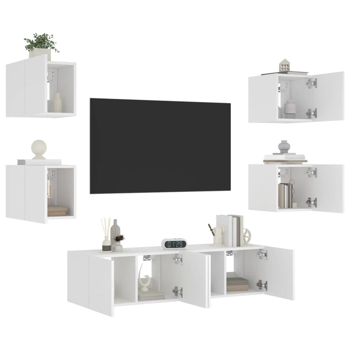 6-delige Tv-wandmeubelset met LED-verlichting bewerkt hout wit