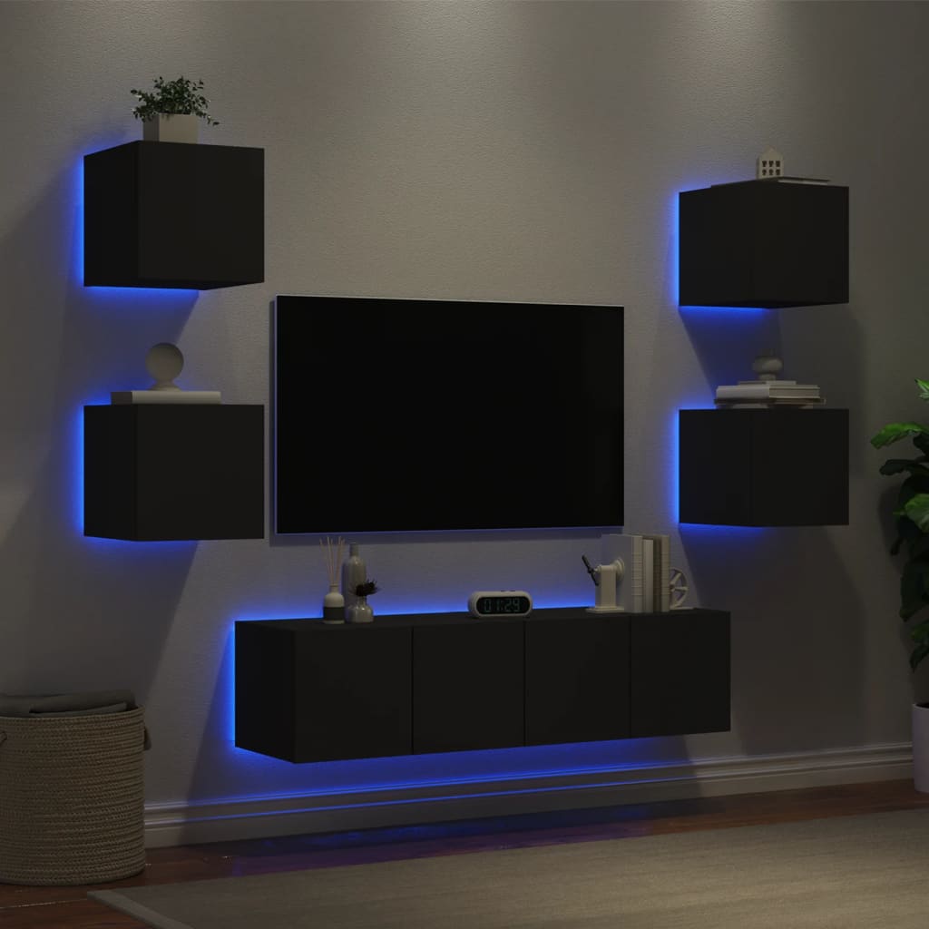 6-delige Tv-wandmeubelset met LED bewerkt hout zwart