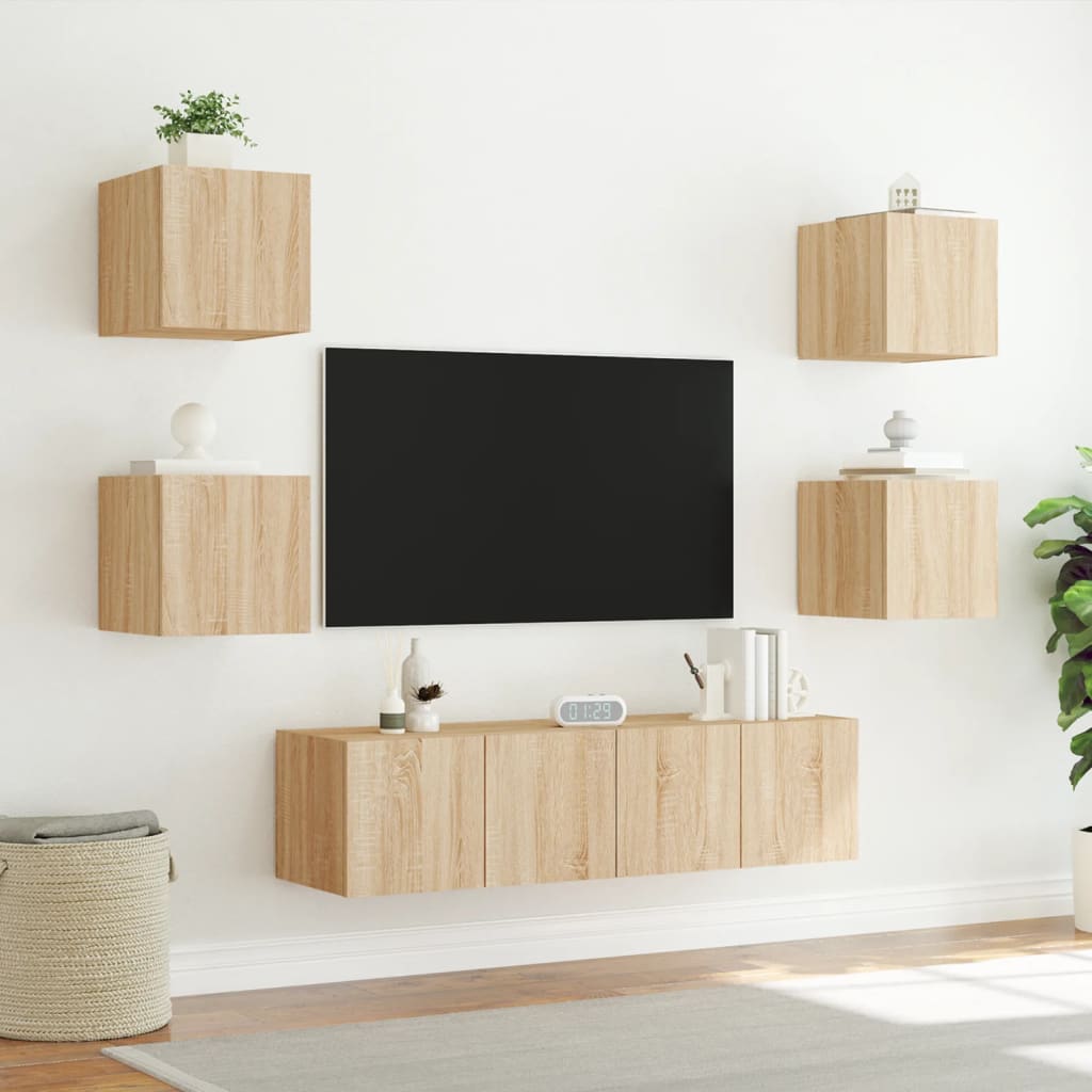 6-delige Tv-wandmeubelset met LED bewerkt hout sonoma eiken