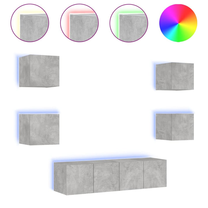 6-delige Tv-wandmeubelset met LED bewerkt hout betongrijs