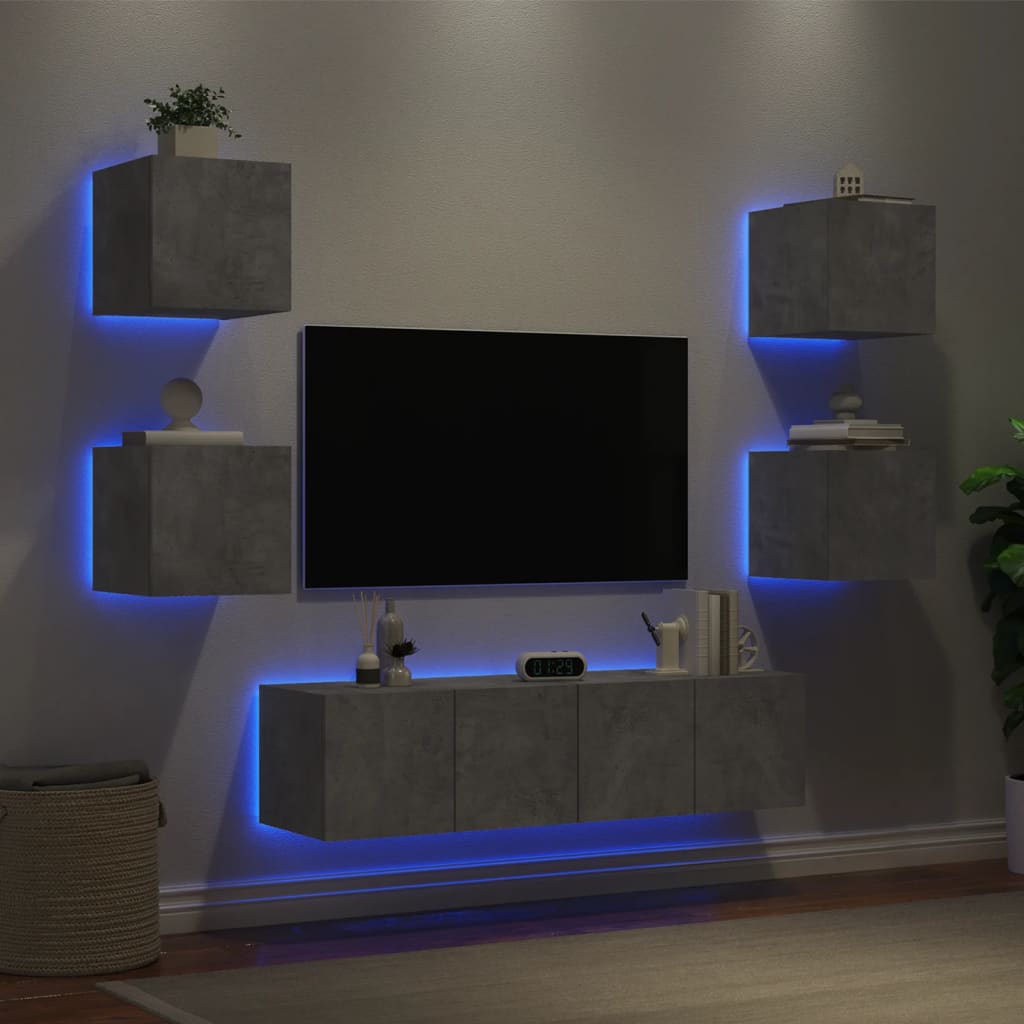 6-delige Tv-wandmeubelset met LED bewerkt hout betongrijs