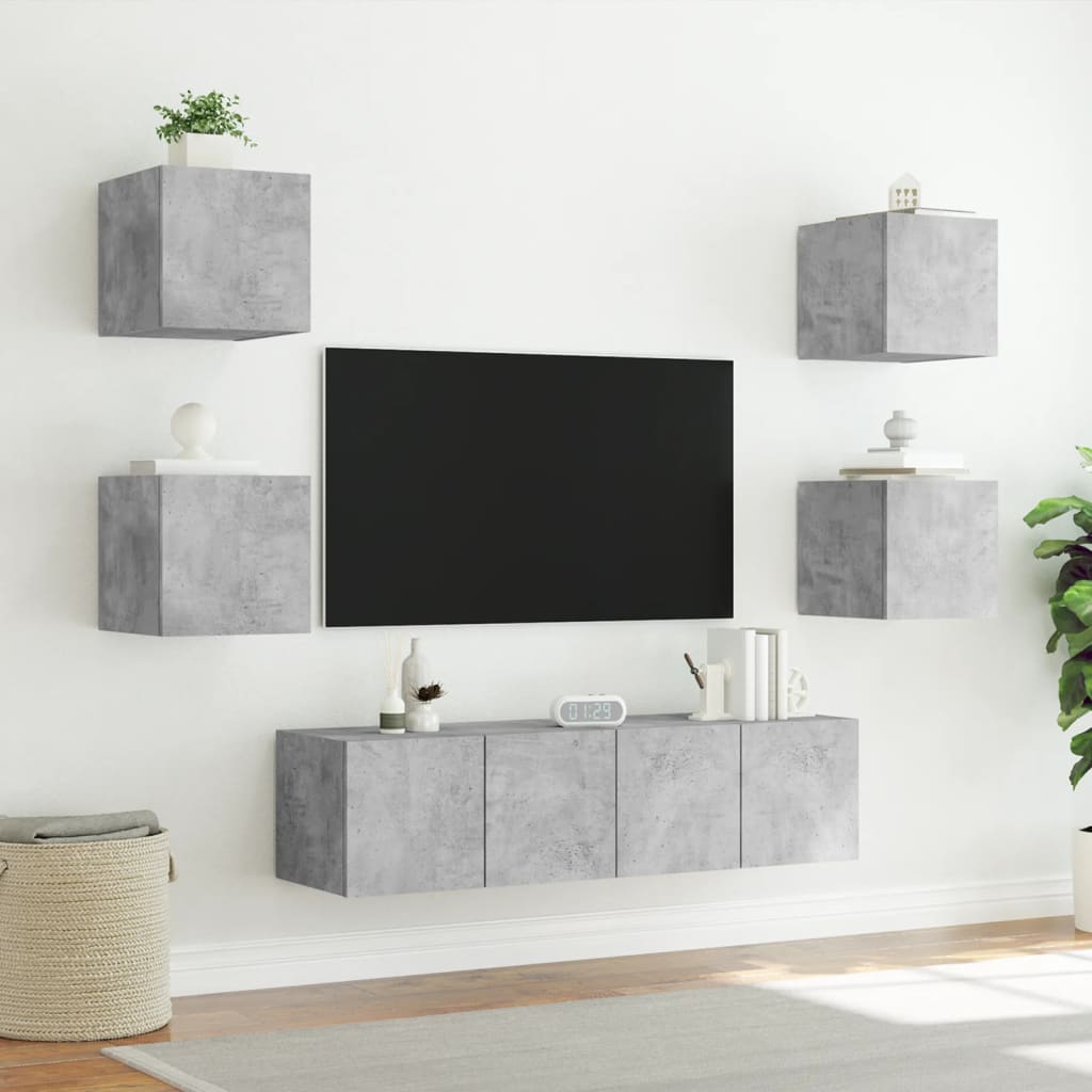 6-delige Tv-wandmeubelset met LED bewerkt hout betongrijs