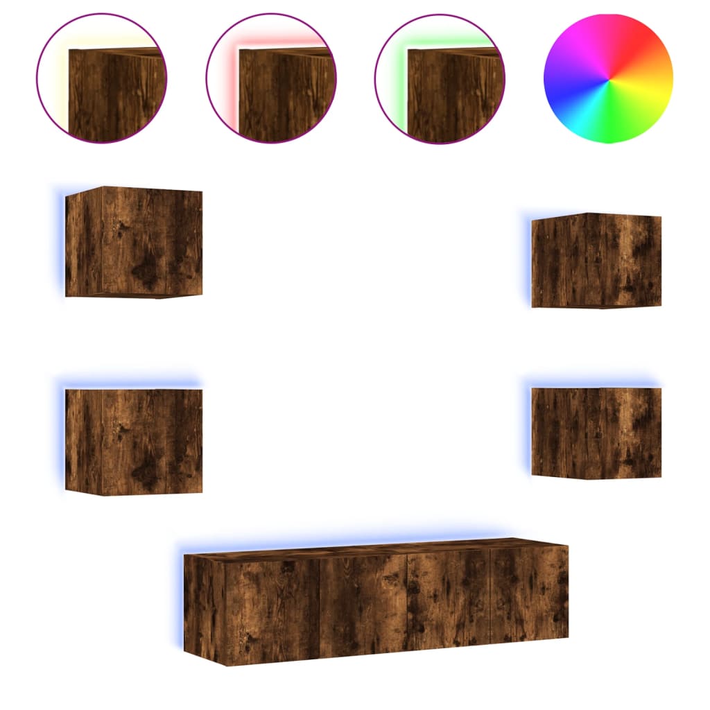 6-delige tv-wandmeubelset met LED bewerkt hout gerookt eiken