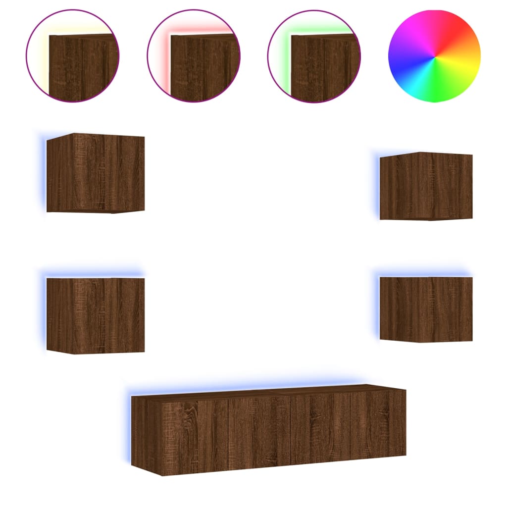 6-delige Tv-wandmeubelset met LED bewerkt hout bruineikenkleur