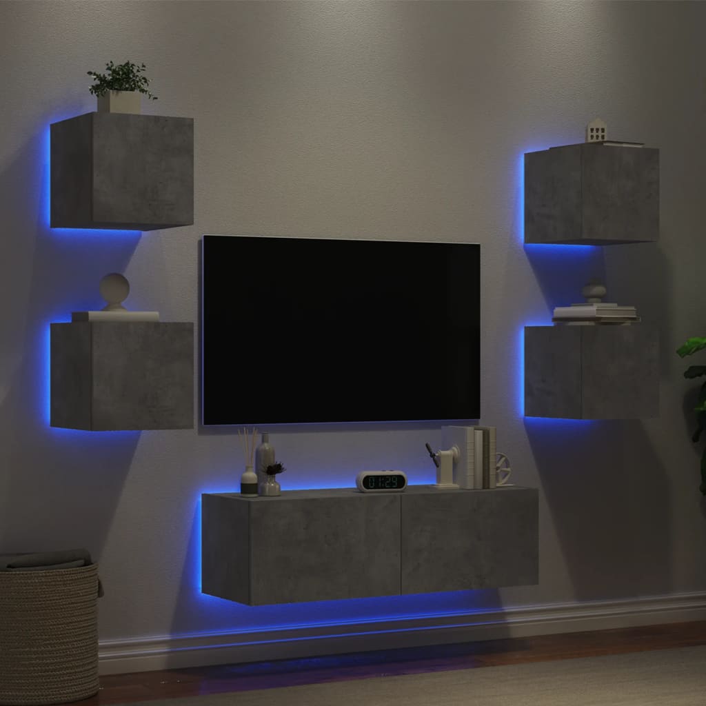5-delige tv-wandmeubelset met LED-verlichting betongrijs