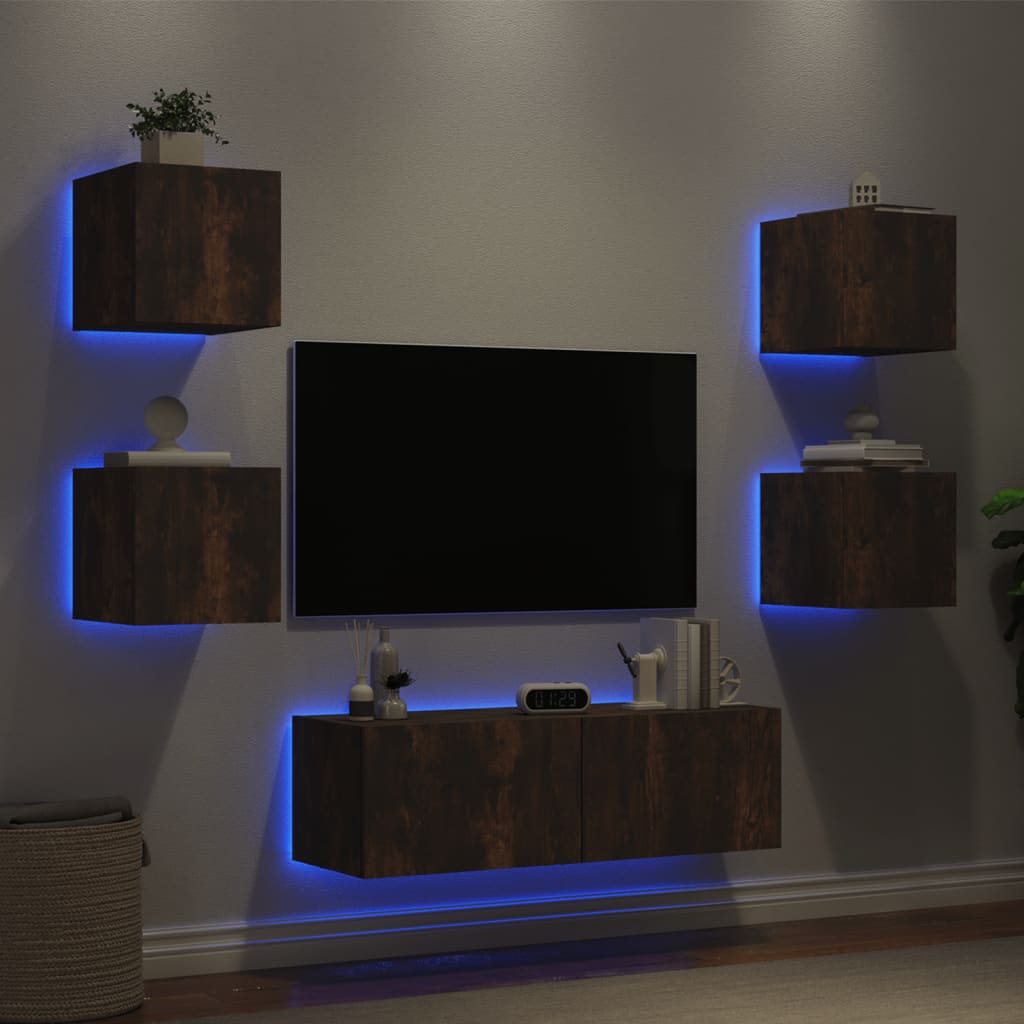 5-delige tv-wandmeubelset met LED-verlichting gerookt eiken